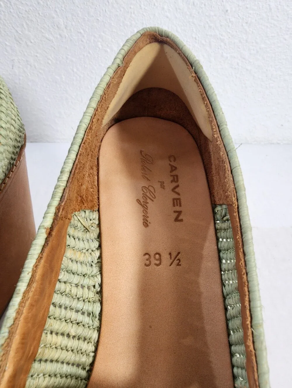 Carven x Robert Clergerie Raffia Platform Loafers Leather Sage Green EU 39.5